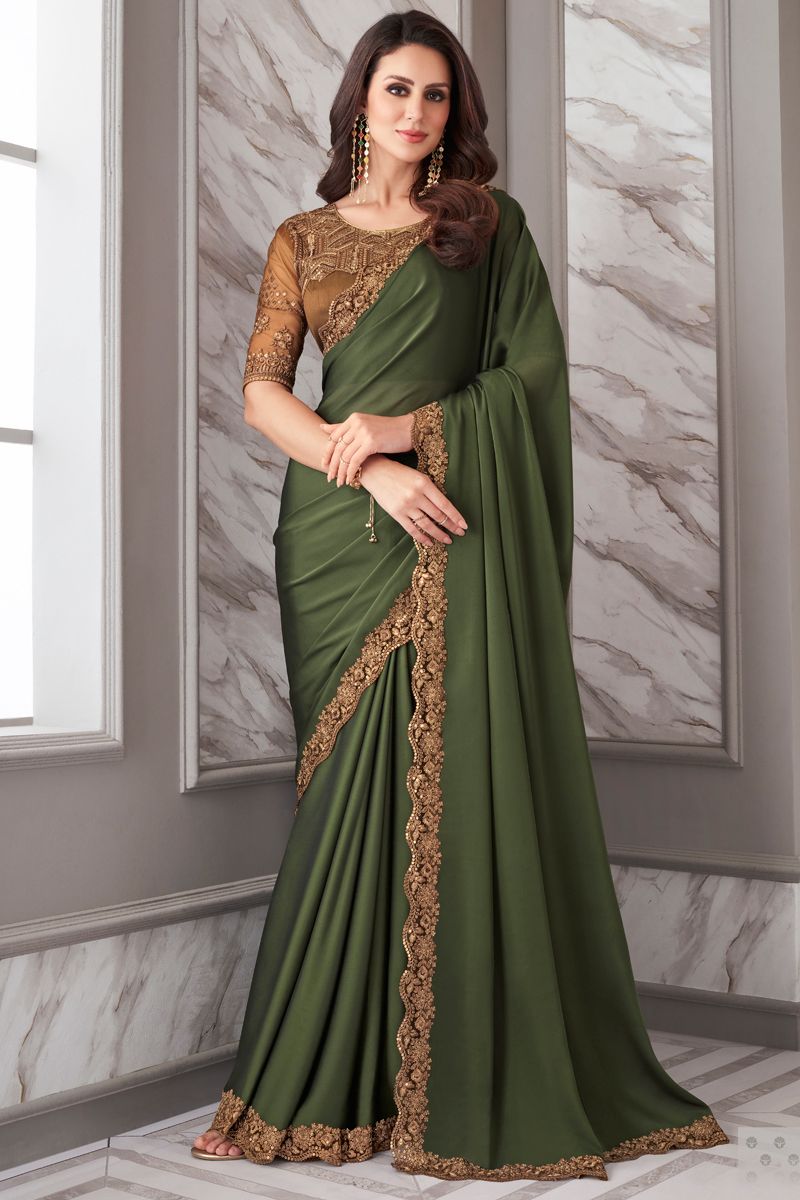 Stunning Border Work Green Color Georgette Fabric Saree