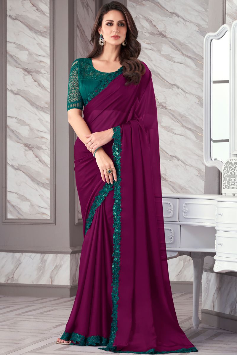 Burgundy Color Awesome Border Work Georgette Fabric Saree