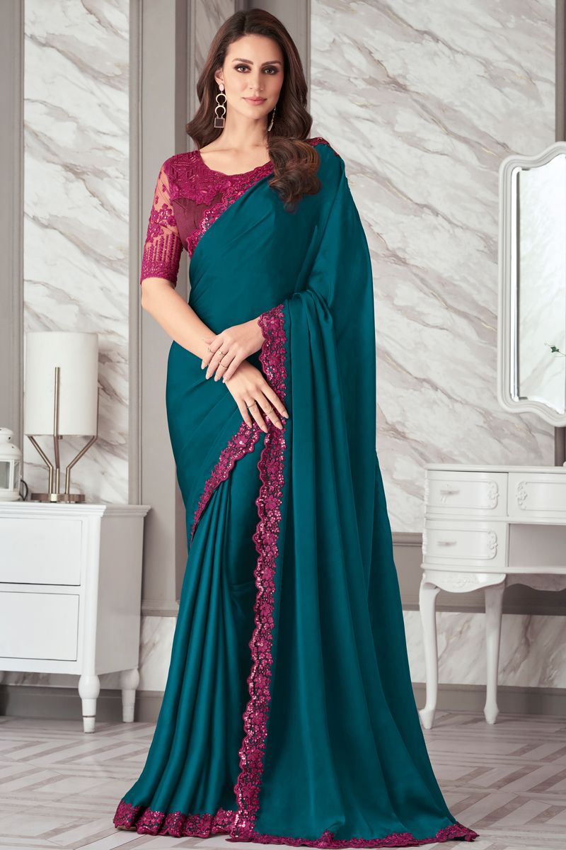 Satin Silk Fabric Teal Color Saree With Vintage Border Work