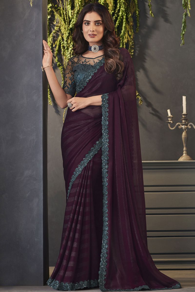 Wine Color Designer Lace Border Work Chiffon Fabric Saree With Embroidered Blouse