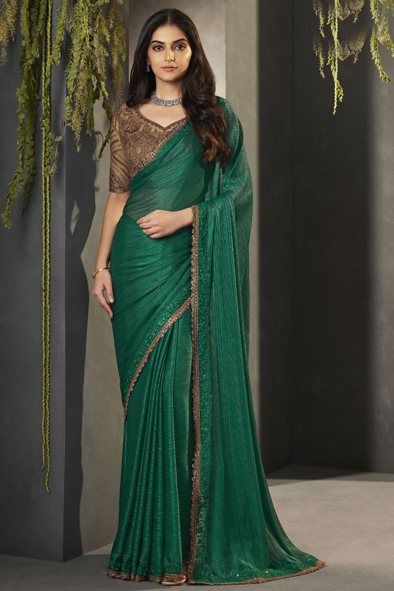 Function Wear Satin Fabric Lace Border Work Dark Green Color Saree With Embroidered Blouse