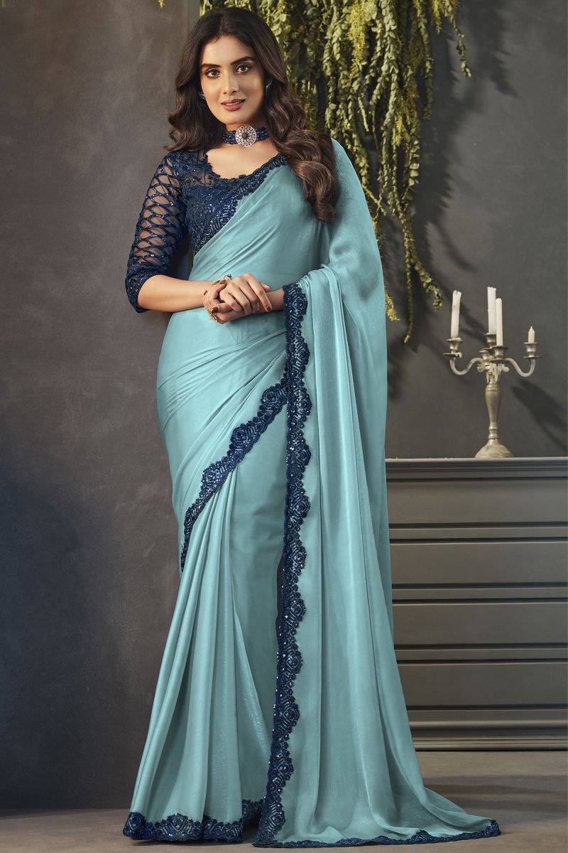 Georgette And Chiffon Fabric Light Cyan Color Excellent Saree With Emb