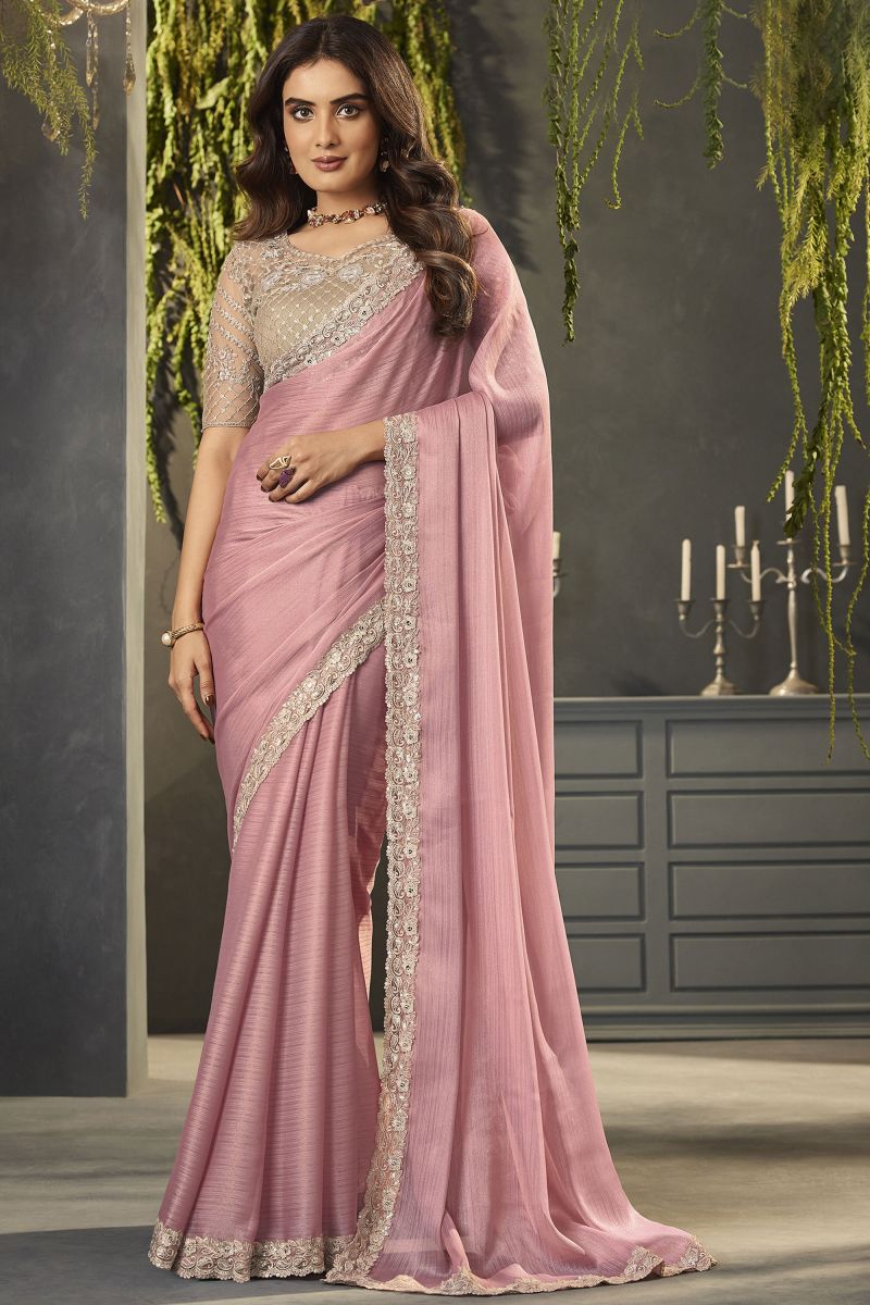 Pink Color Lace Border Work Chiffon Fabric Party Wear Saree With Embroidered Blouse