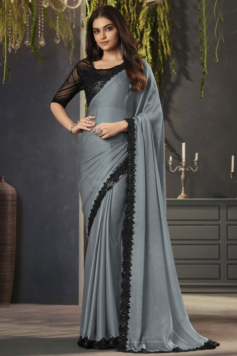 Grey Color Satin Fabric Lace Border Work Party Wear Saree With Embroidered Blouse