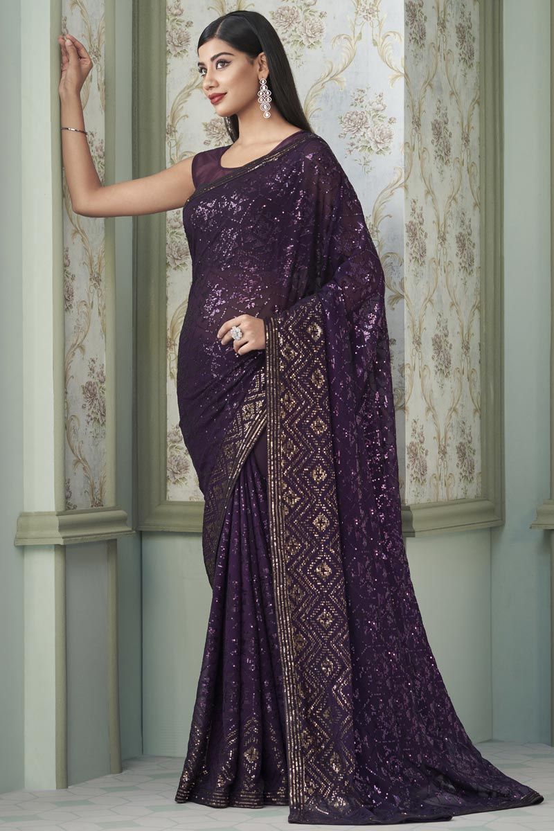 Georgette Fabric Purple Color Sequins Work Soothing Saree