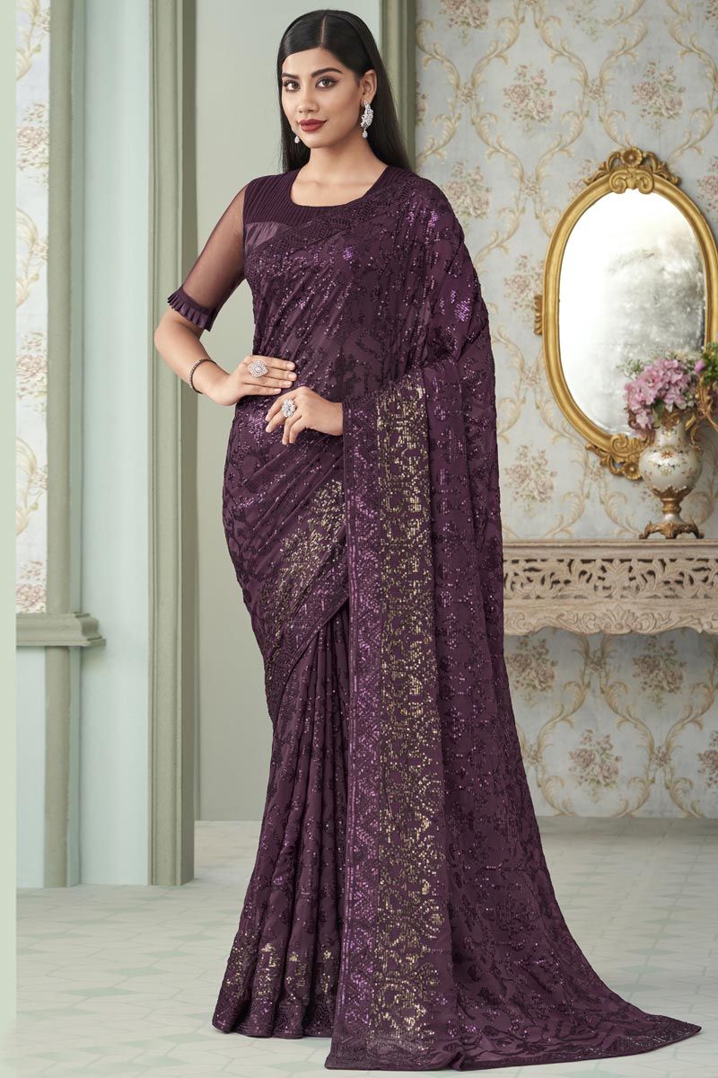 Georgette Fabric Sequins Work Wonderful Saree In Wine Color