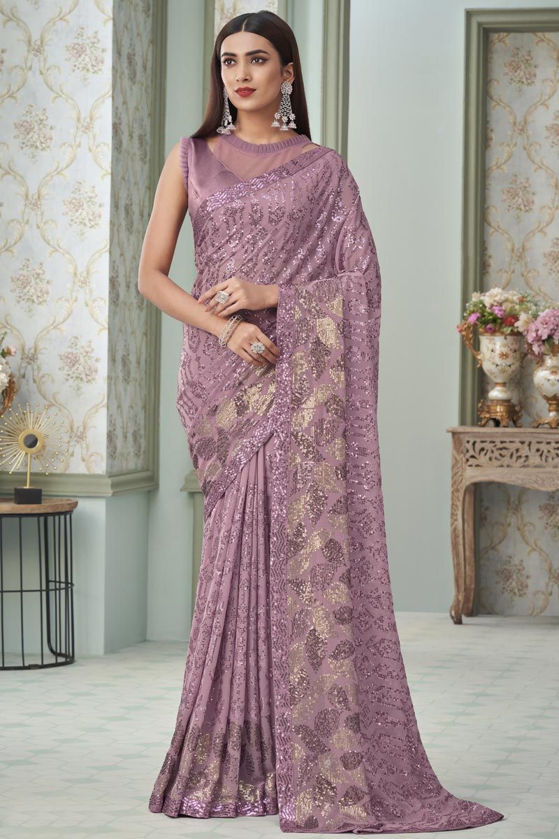 Georgette Fabric Peach Color Sequins Work Fantastic Saree