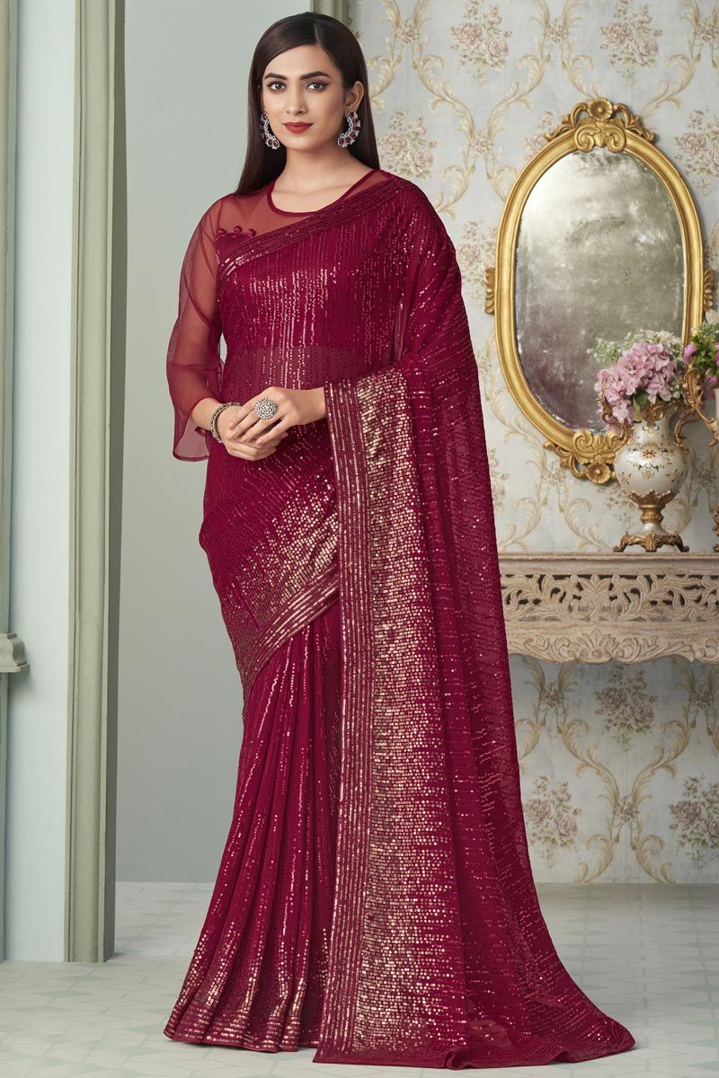 Georgette Fabric Stunning Sequins Work Saree In Red Color