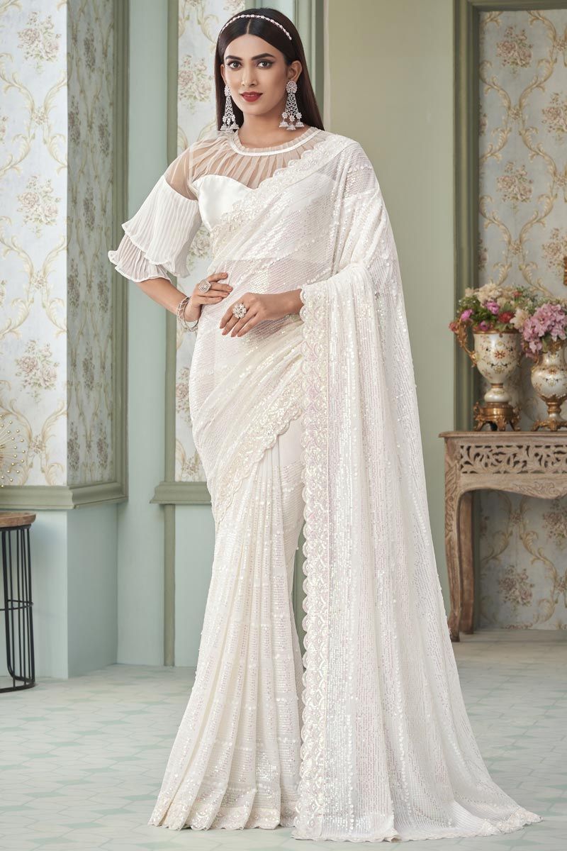 Off White Color Georgette Fabric Appealing Sequins Work Saree