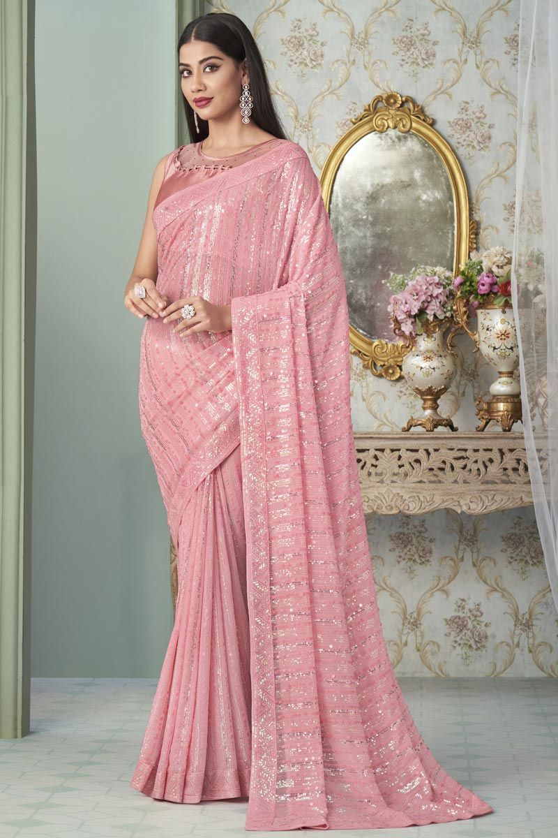 Georgette Fabric Pink Color Sequins Work Delicate Saree