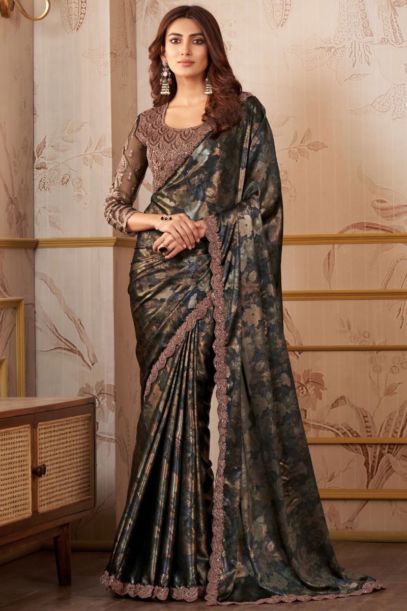 Tempting Georgette Grey Color Lace Work Saree With Heavy Embroidered Blouse