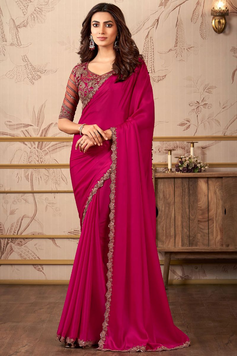 Classic Rani Color Lace Work Satin Saree With Heavy Embroidered Blouse