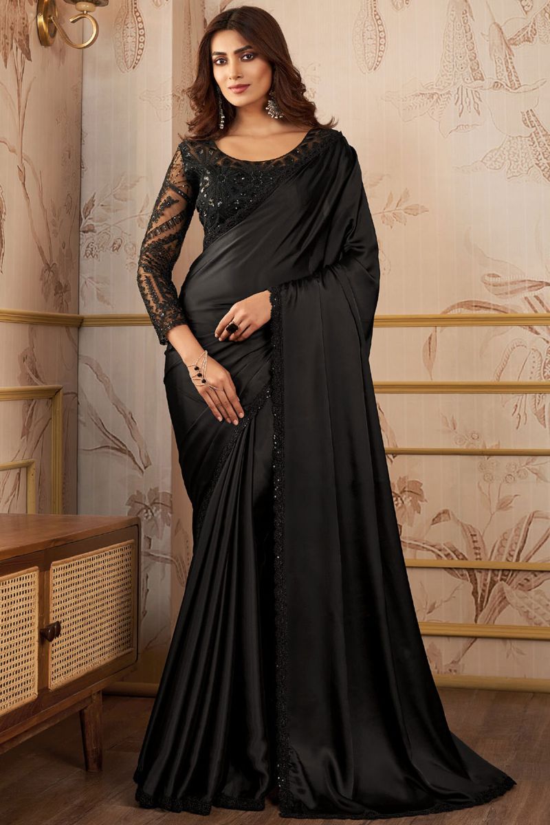 Dazzling Black Color Lace Work Satin Saree With Heavy Embroidered Blouse