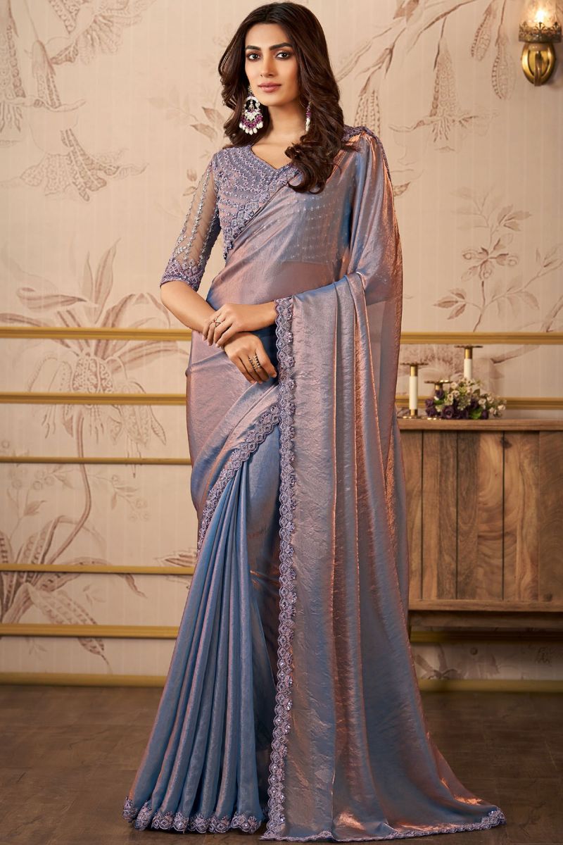 Blazing Lavender Color Lace Work Satin Saree With Heavy Embroidered Blouse