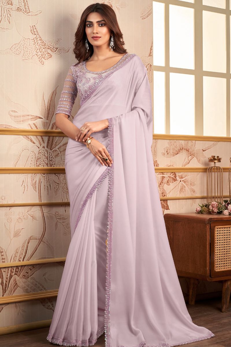 Alluring Lavender Color Lace Work Silk Saree With Heavy Embroidered Blouse