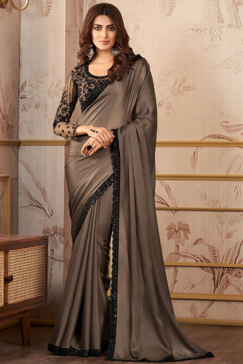 Brown Color Satin Fashionable Lace Work Saree With Heavy Embroidered Blouse