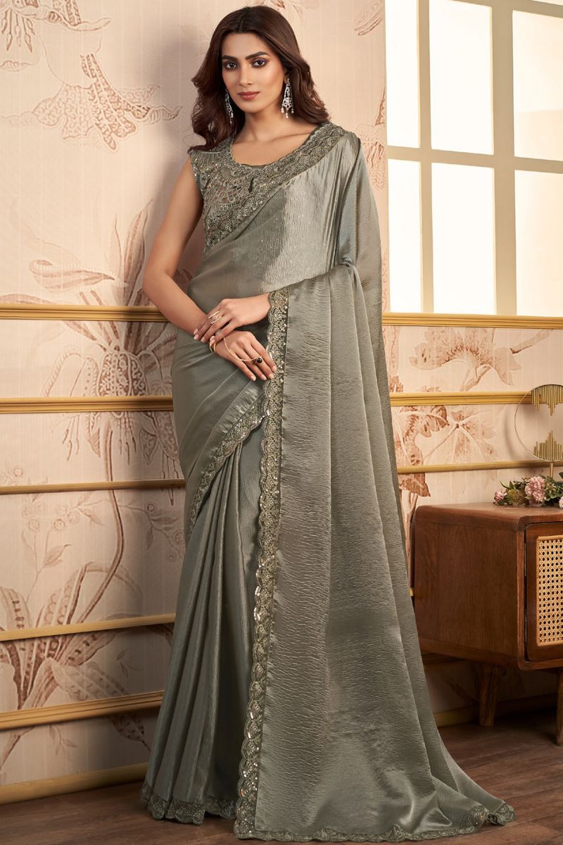 Satin Dark Beige Color Stylish Saree With Heavy Embroidered Blouse