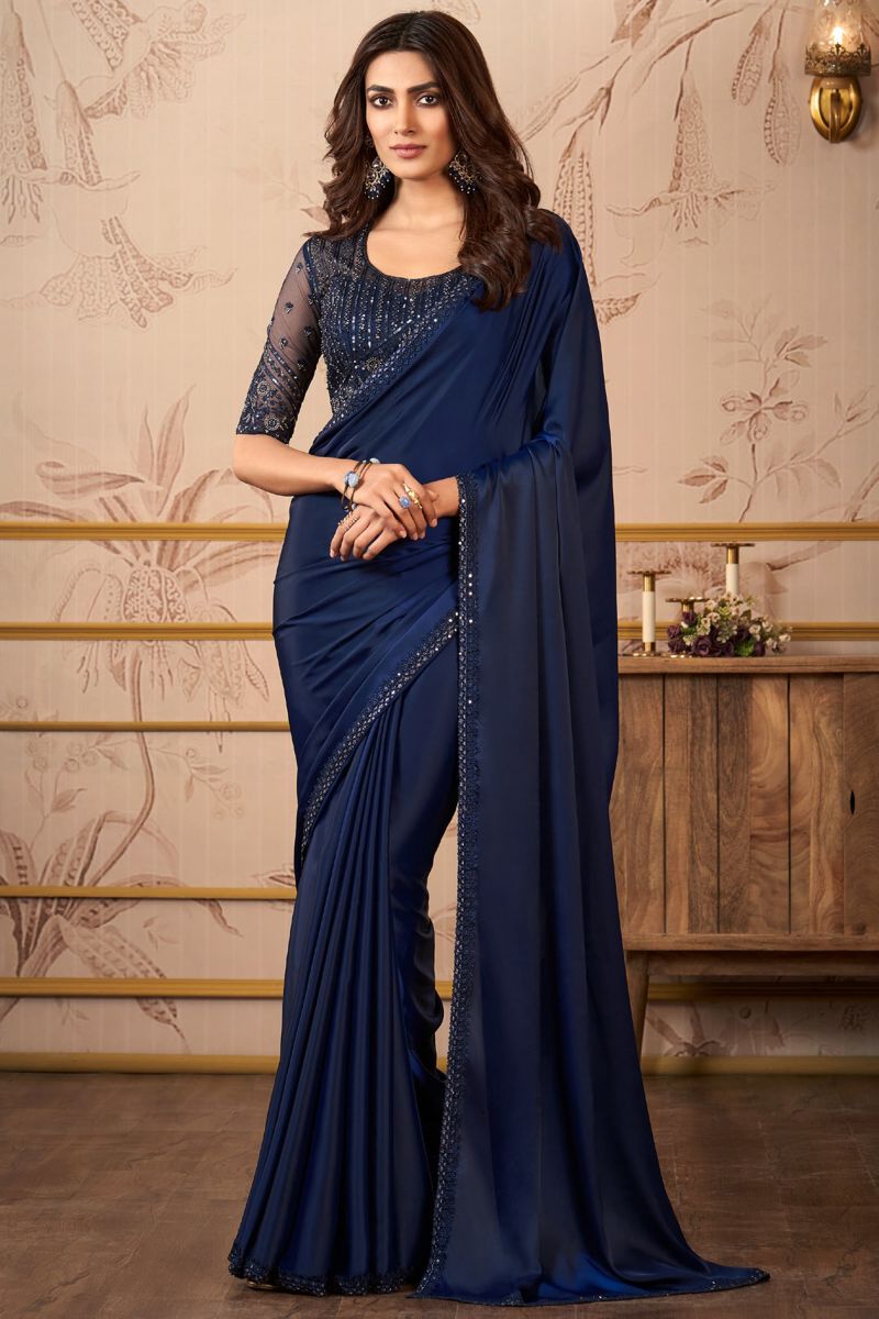 Attractive Navy Blue Color Satin Lace Work Saree With Heavy Embroidered Blouse