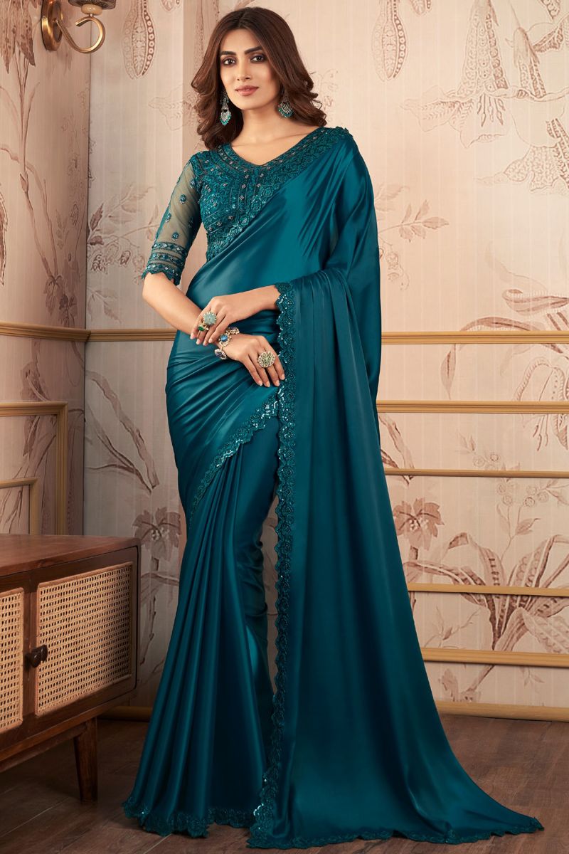 Beautiful Teal Color Lace Work Satin Saree With Heavy Embroidered Blouse