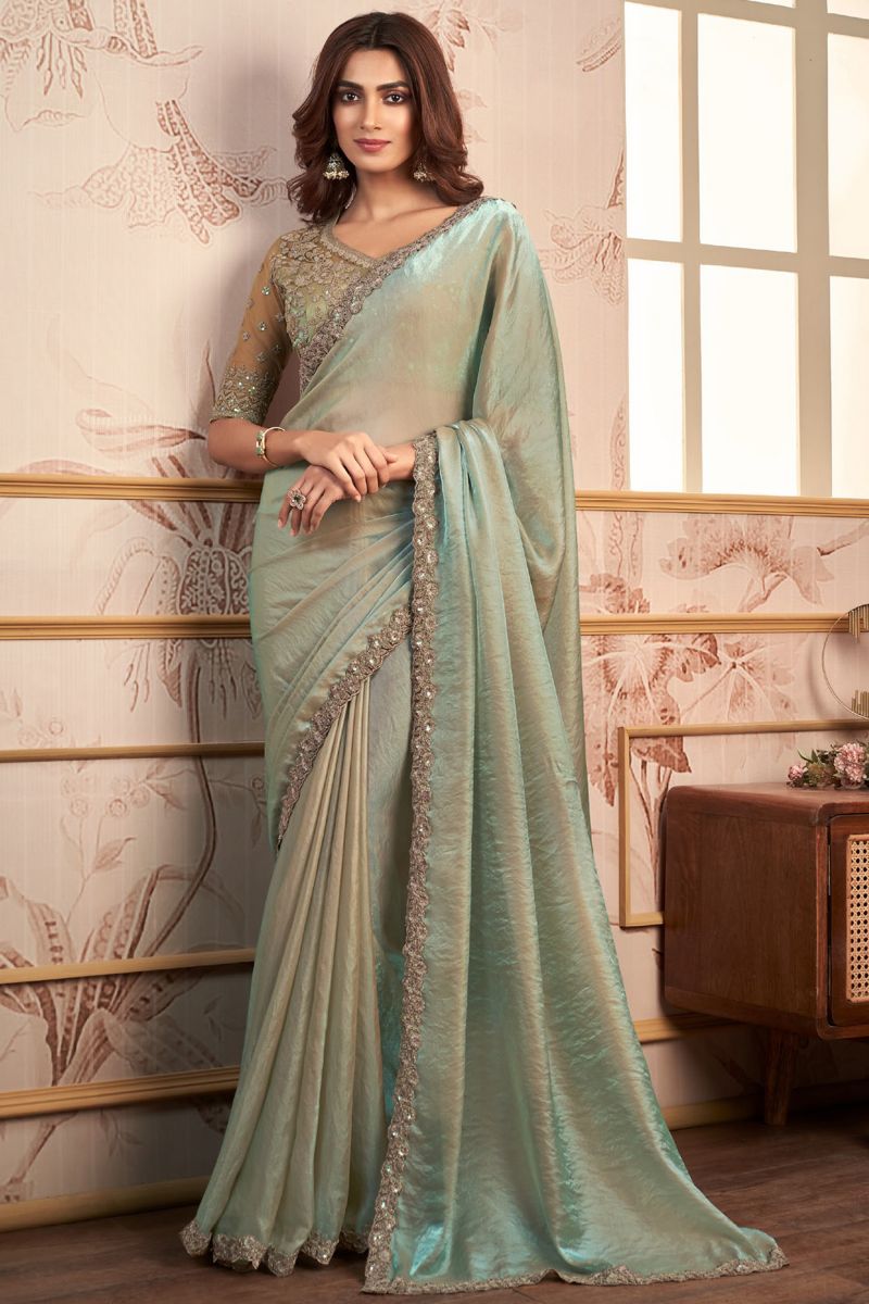 Creative Sea Green Color Silk Lace Work Saree With Heavy Embroidered Blouse