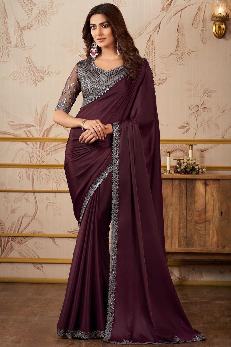 Satin Lace Work Wine Color Pretty Saree With Heavy Embroidered Blouse