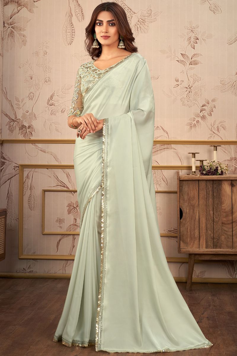 Excellent Satin Sea Green Color Lace Work Saree With Heavy Embroidered Blouse