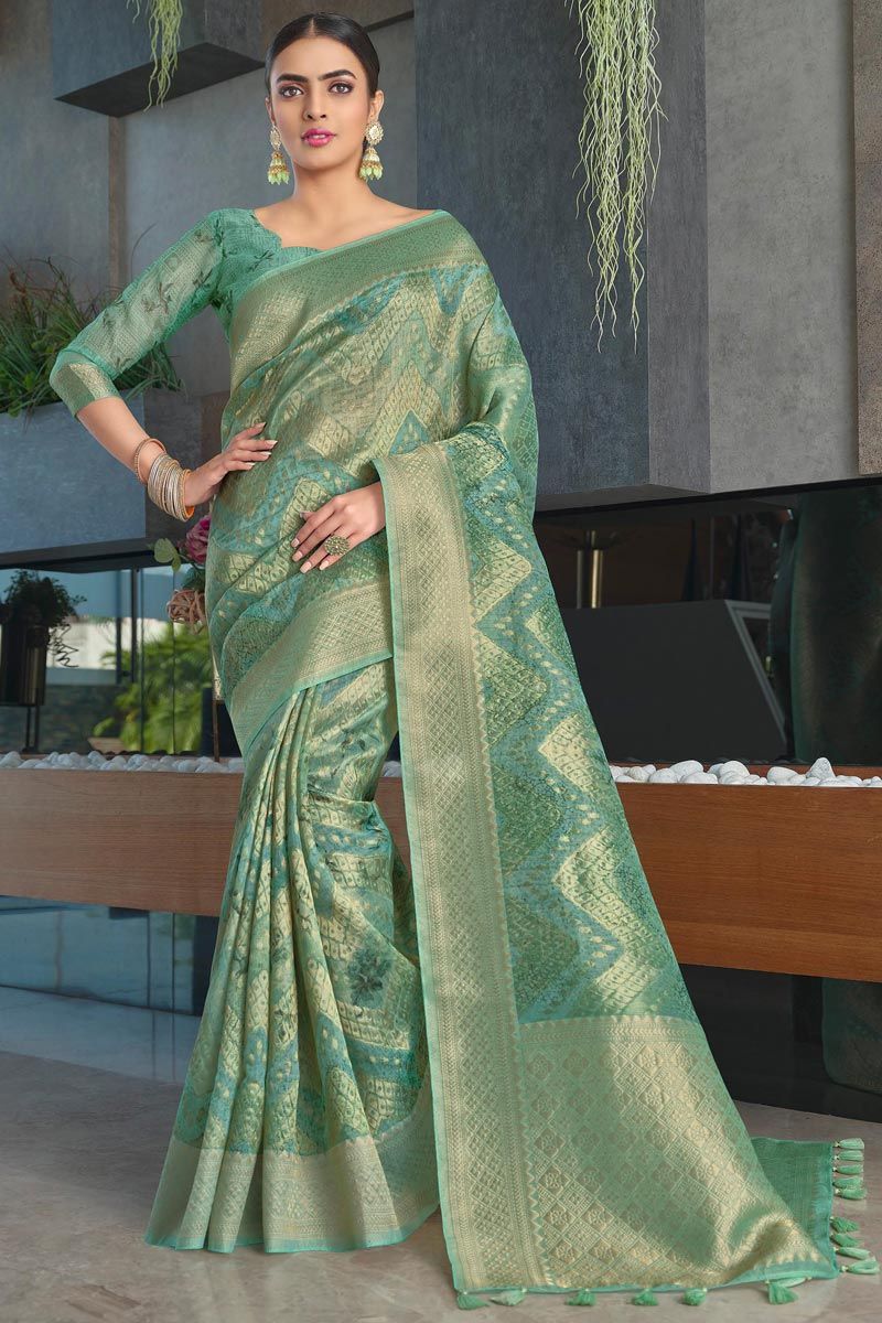 Stunning Organza Weaving Work Saree In Sea Green Color