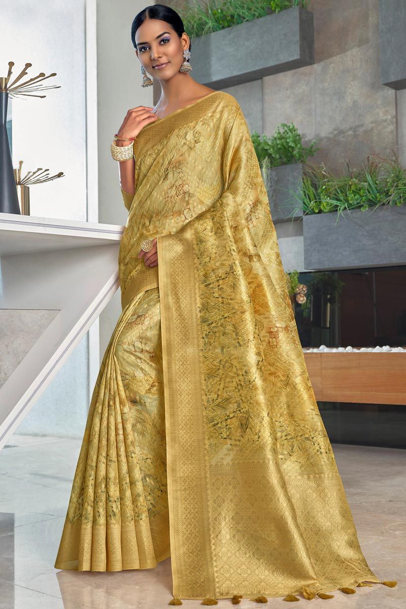 Golden Color Delicate Organza Weaving Work Saree