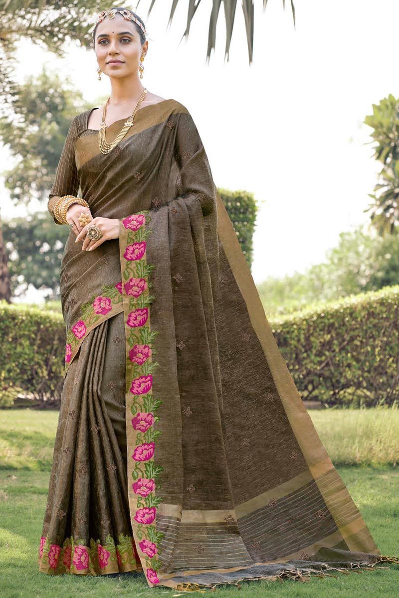 Stunning Brown Color Cotton Silk Embroidered Saree