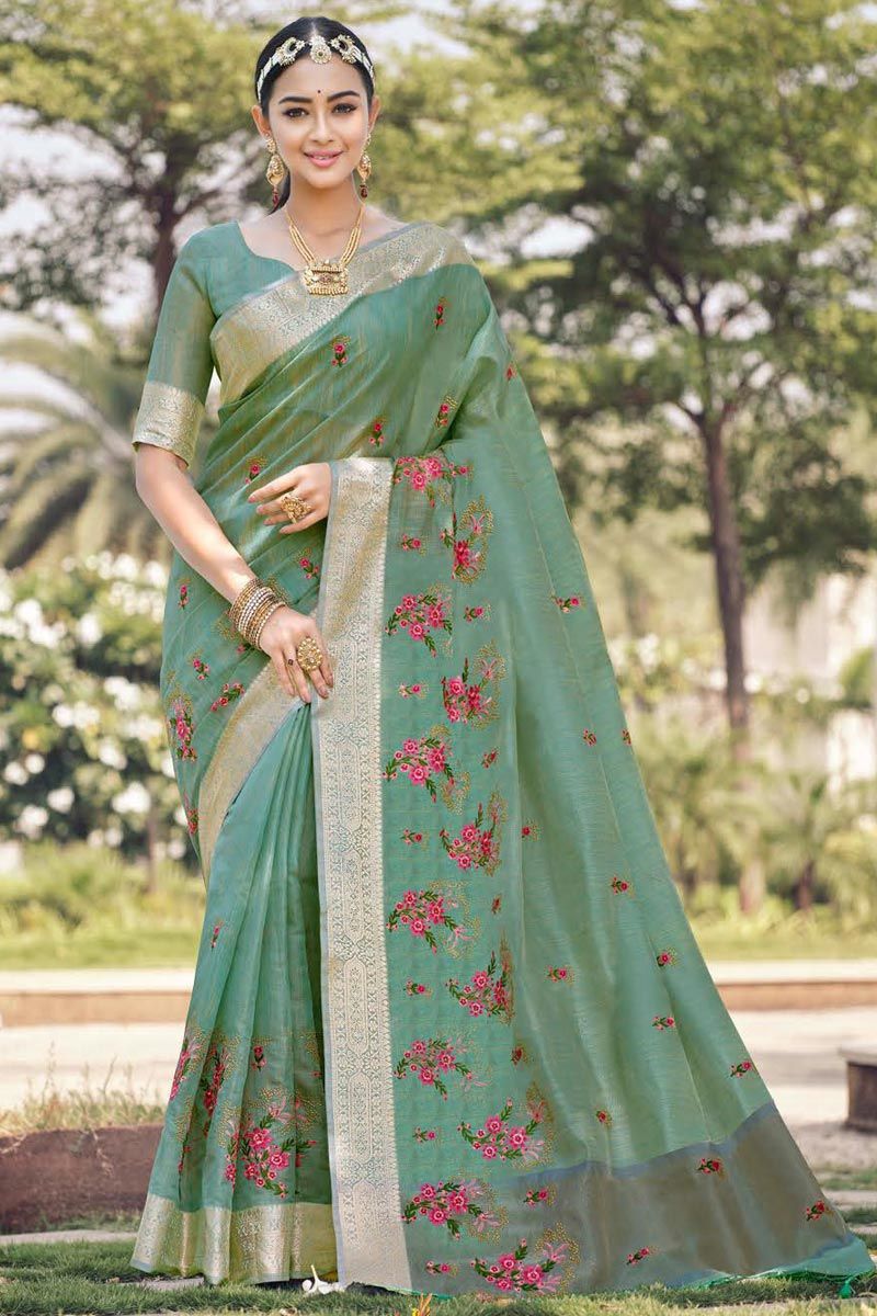 Beatific Sea Green Color Embroidered Cotton Silk Saree