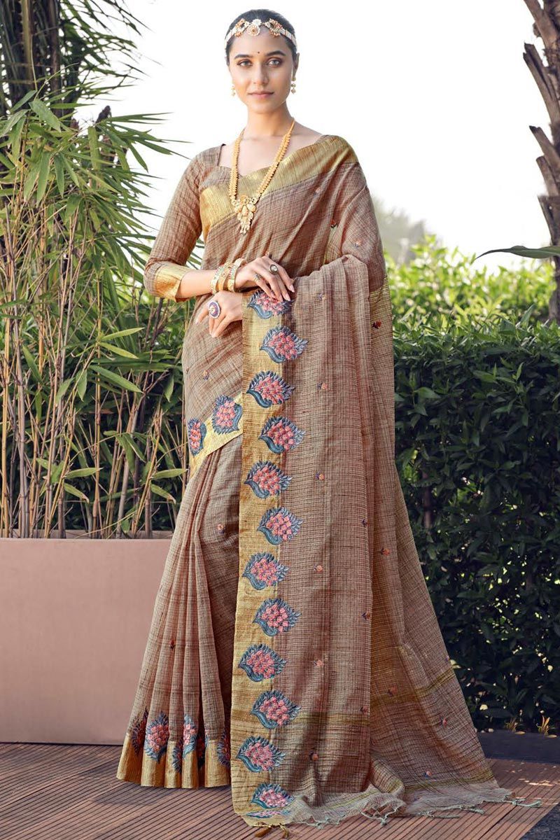 Fantastic Rust Color Embroidered Cotton Silk Saree