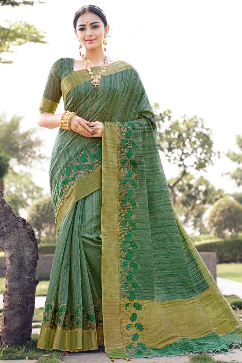 Dusky Green Color Embroidered Cotton Silk Saree