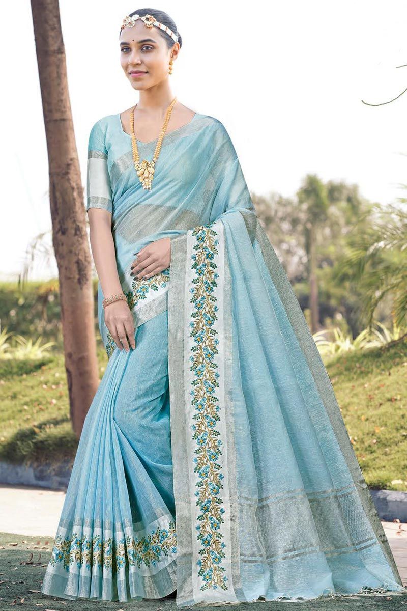 Vivacious Embroidered Cotton Silk Saree In Light Cyan Color