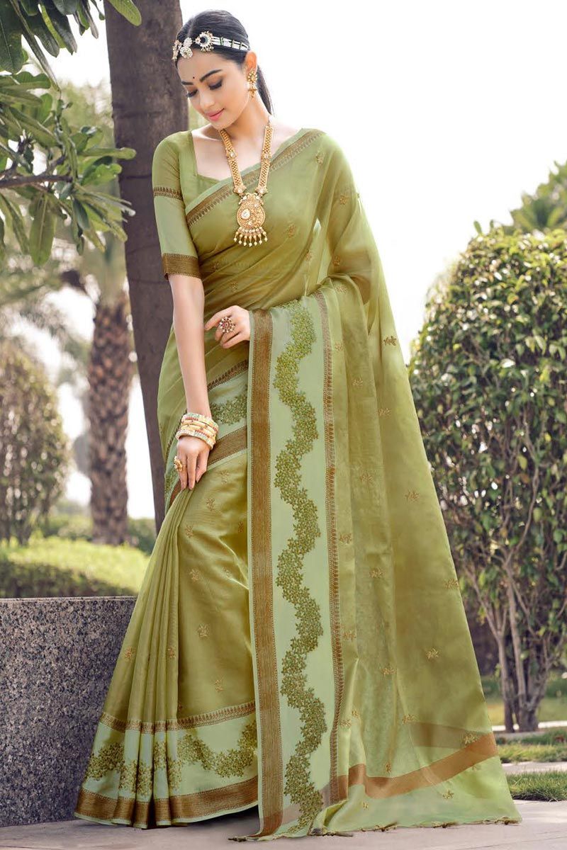 Radiant Embroidered Olive Color Cotton Silk Saree