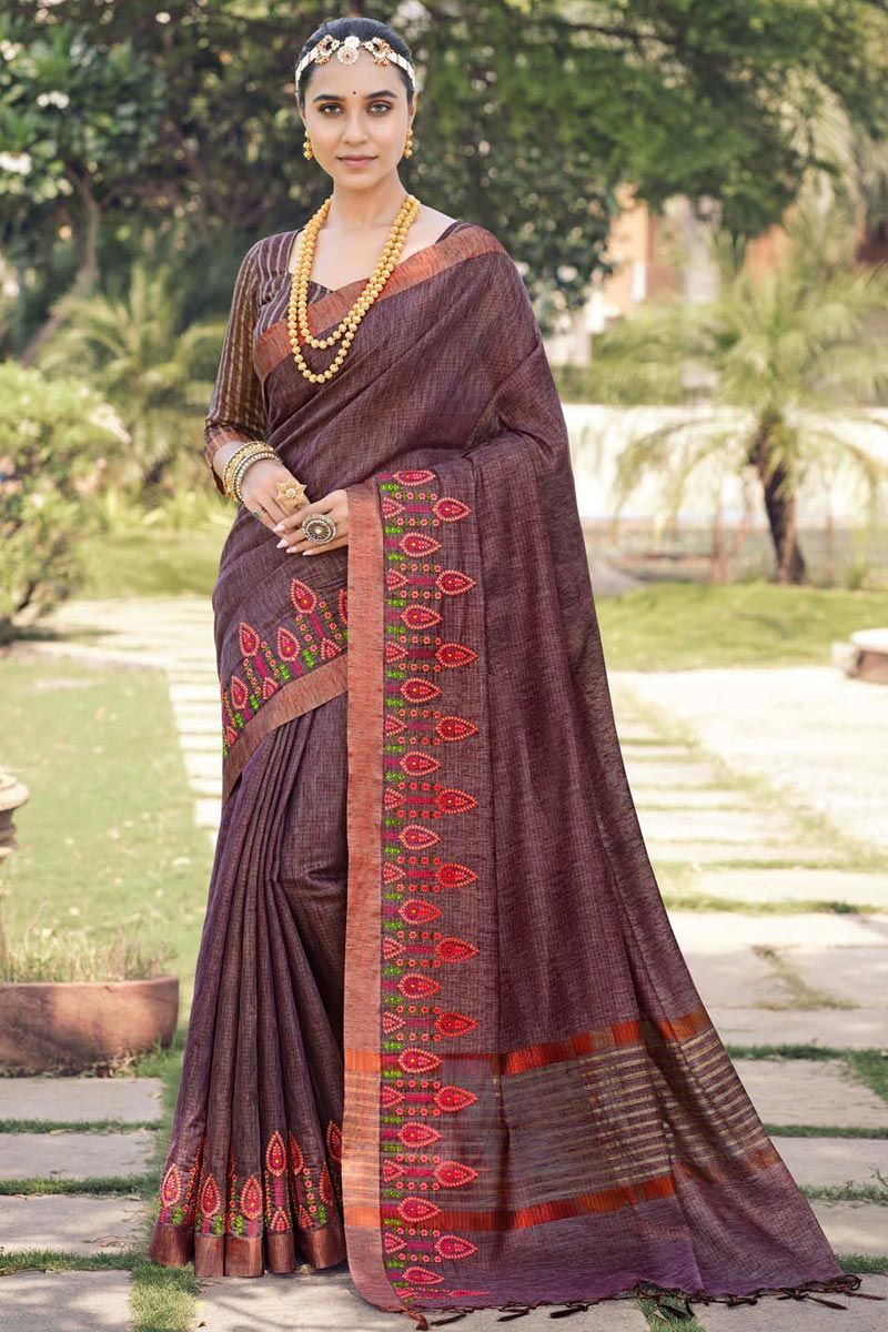 Attractive Wine Color Cotton Silk Embroidered Saree