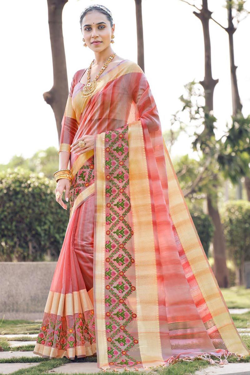 Enriching Embroidered Cotton Silk Peach Color Saree