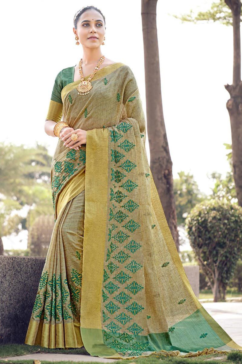 Superior Beige Color Embroidered Cotton Silk Saree