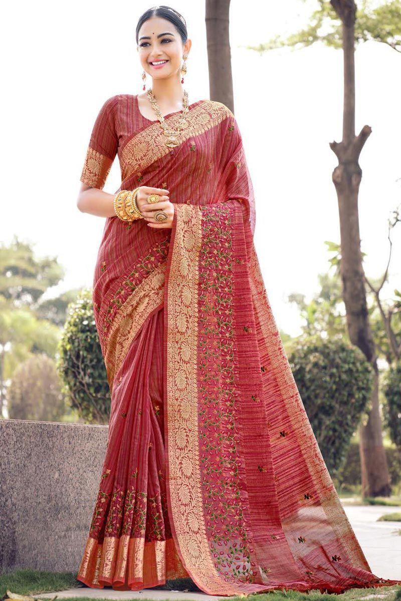 Mesmeric Pink Color Embroidered Cotton Silk Saree