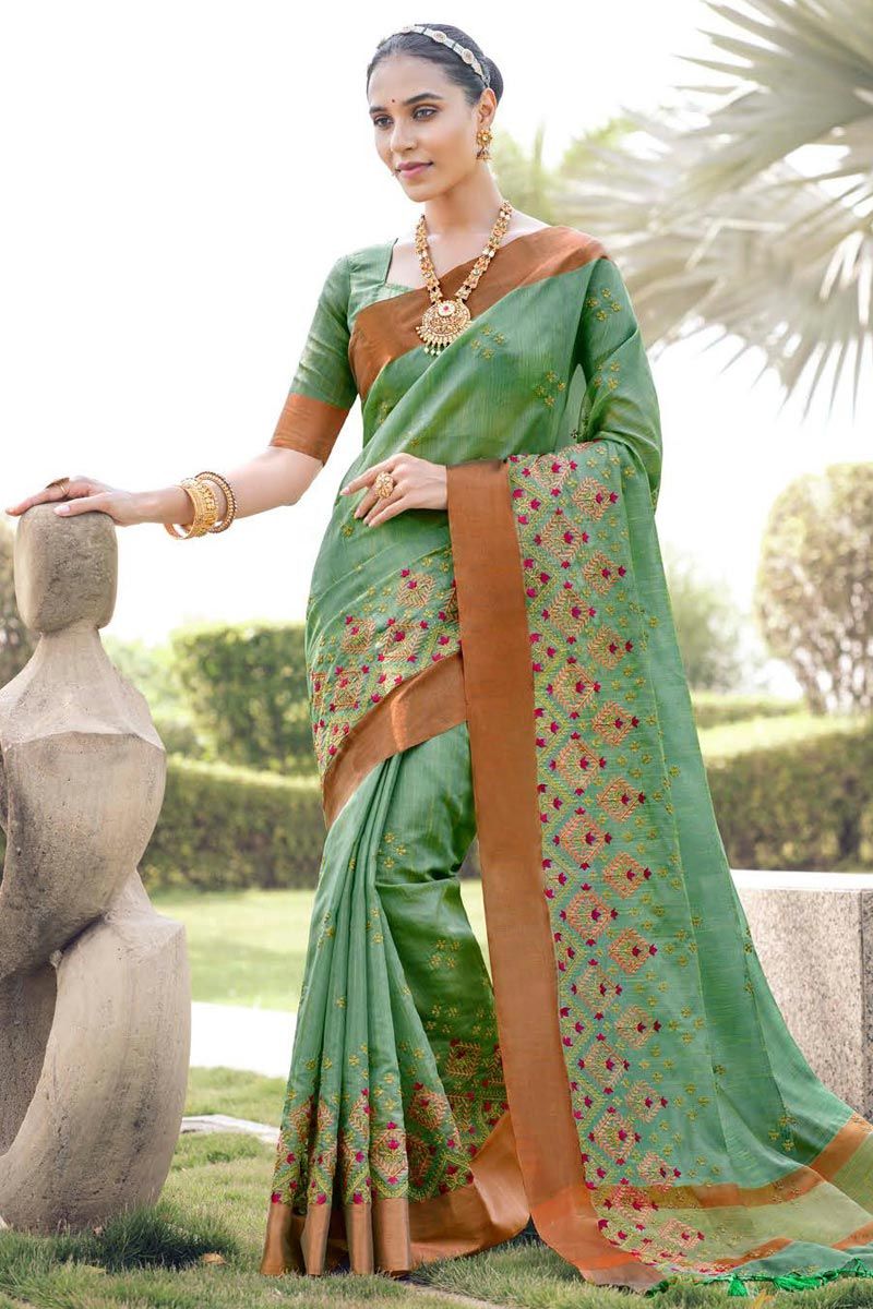 Fascinate Embroidered Cotton Silk Saree In Sea Green Color