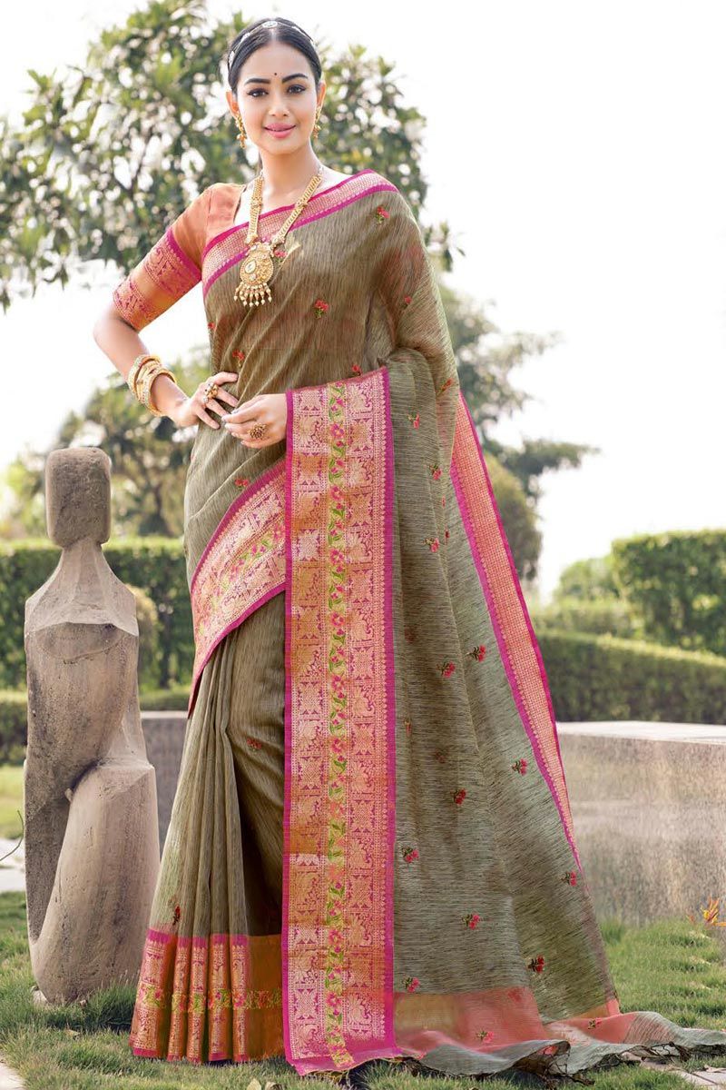 Trendy Embroidered Cotton Silk Saree In Brown Color