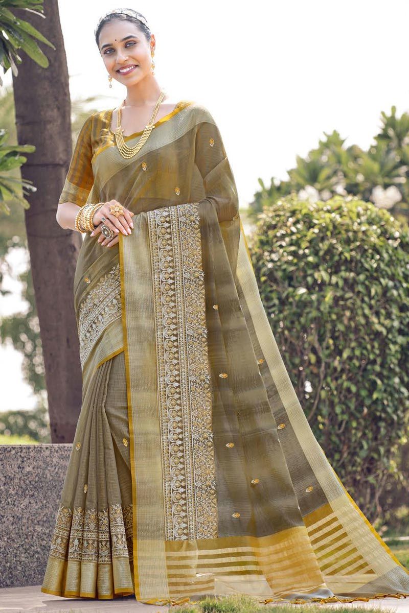 Amazing Embroidered Beige Color Cotton Silk Saree