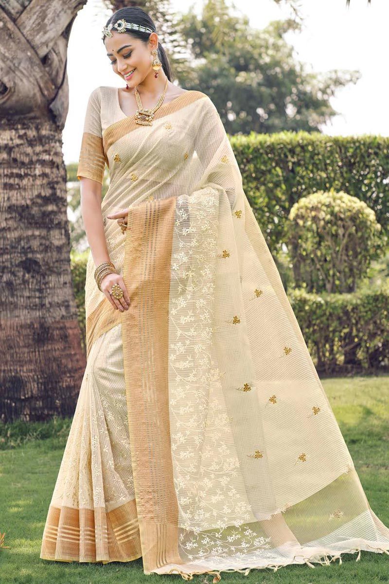 Vintage Off White Color Cotton Silk Embroidered Saree