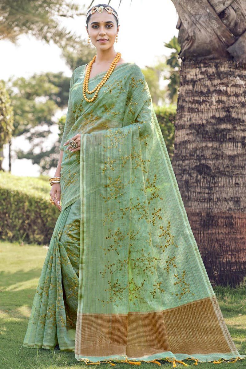 Appealing Sea Green Color Embroidered Cotton Silk Saree