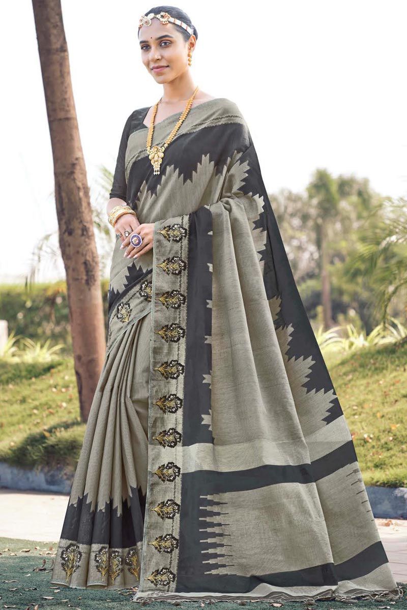 Engaging Grey Color Embroidered Cotton Silk Saree