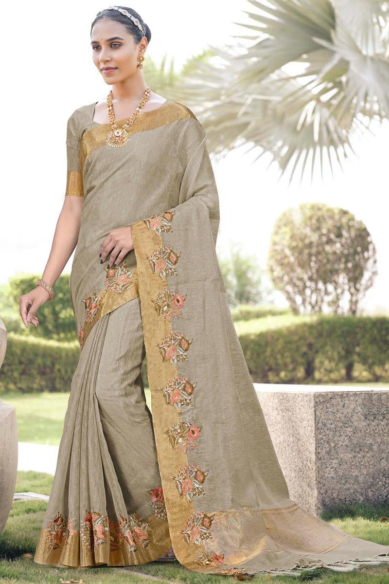 Captivating Embroidered Beige Color Cotton Silk Saree