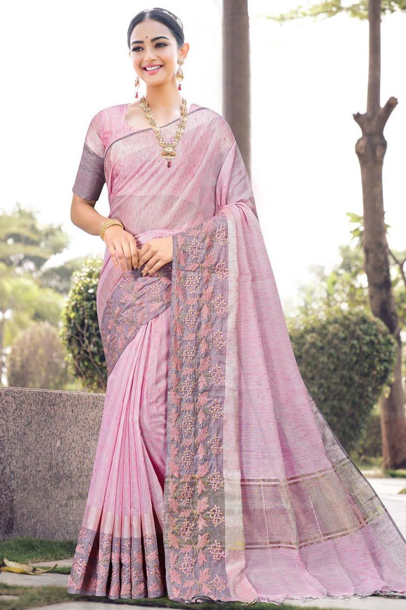 Fetching Embroidered Cotton Silk Saree In Pink Color