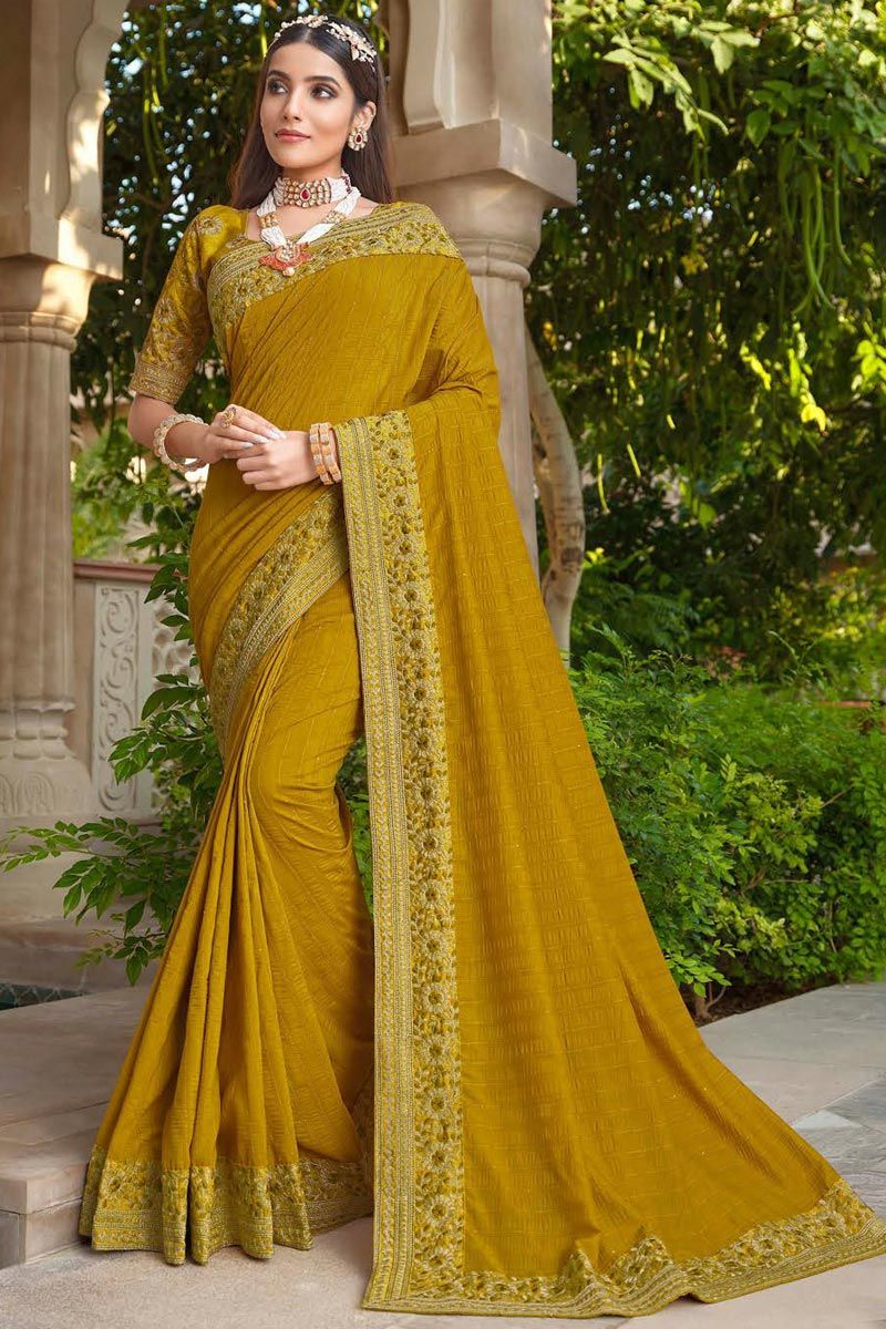 Mustard Color Vichitra Silk Fabric Remarkable Festive Saree