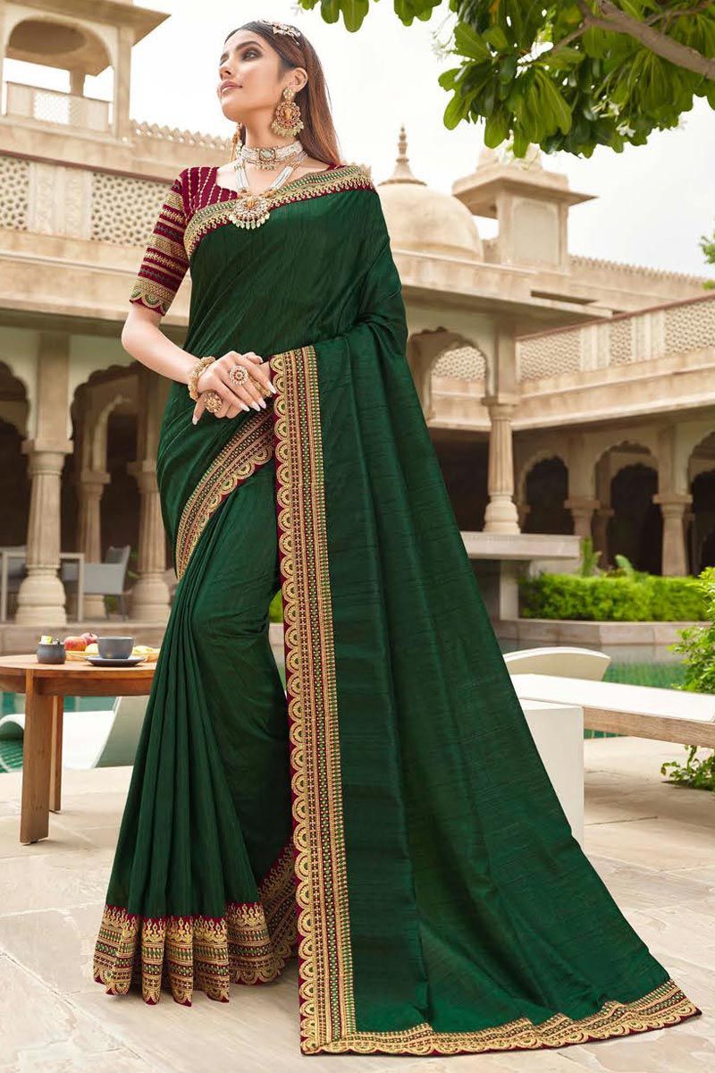 Green Color Vichitra Silk Fabric Stylish Festive Saree