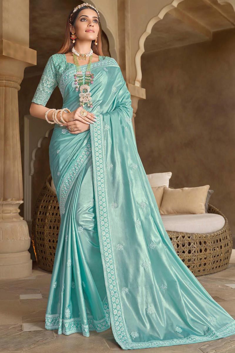 Light Cyan Color Precious Festive Saree In Tissue Silk Fabric