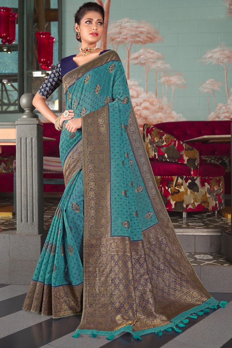 Riveting Weaving Designs Organza Fabric Saree In Cyan Color